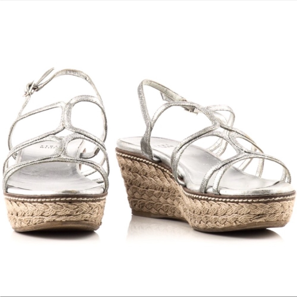 Stuart Weitzman Foursome Silver Glitter Espadrille Wedge Sandals Size 8.5